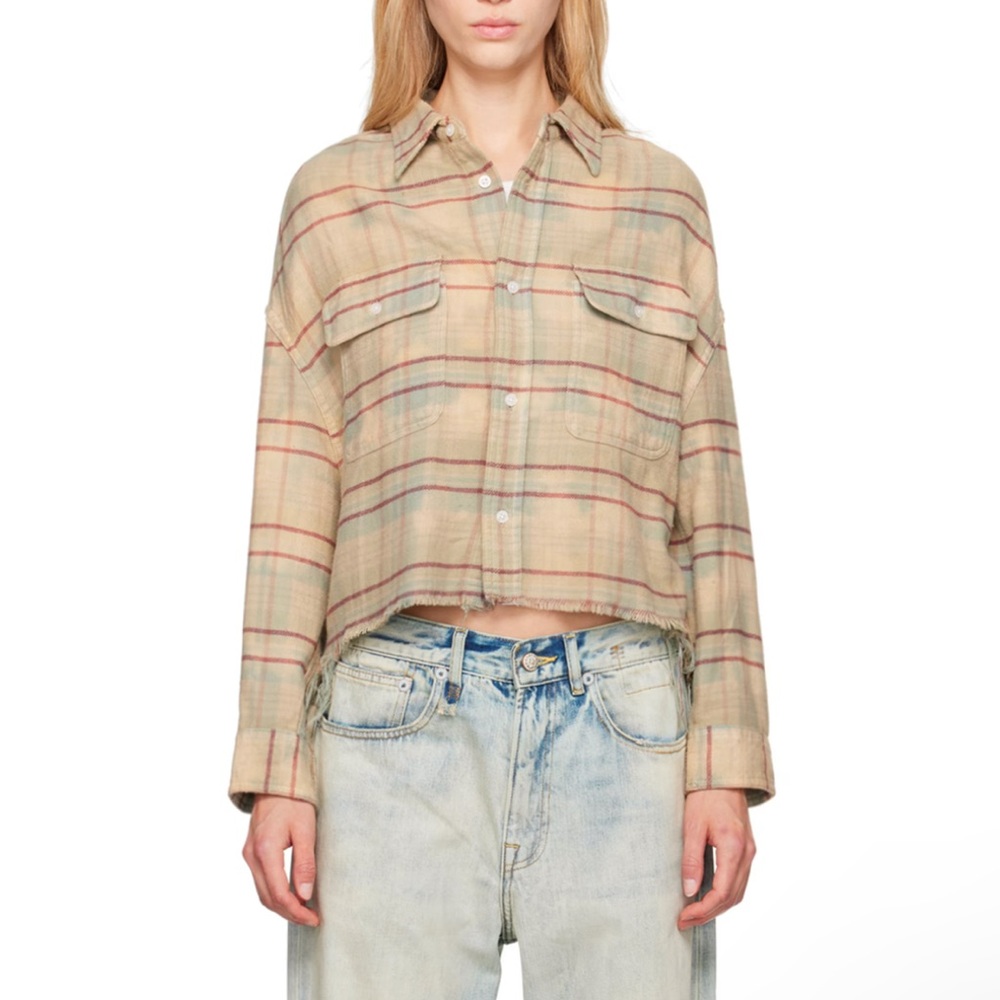R13 Beige and Blue cropped work shirt small